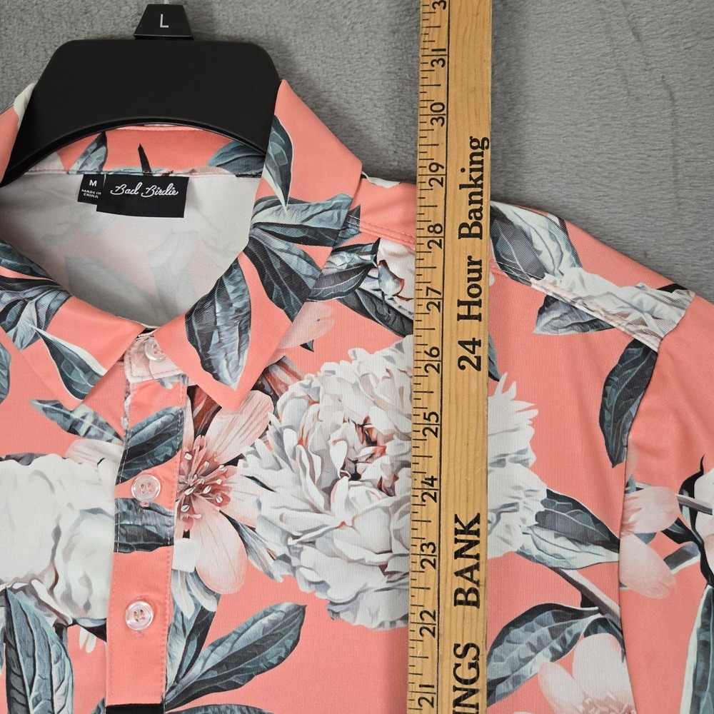 Bad Birdie Polo Shirt Mens Medium‎ Pink Floral Golf Performance Stretch EUC - Picture 9 of 10